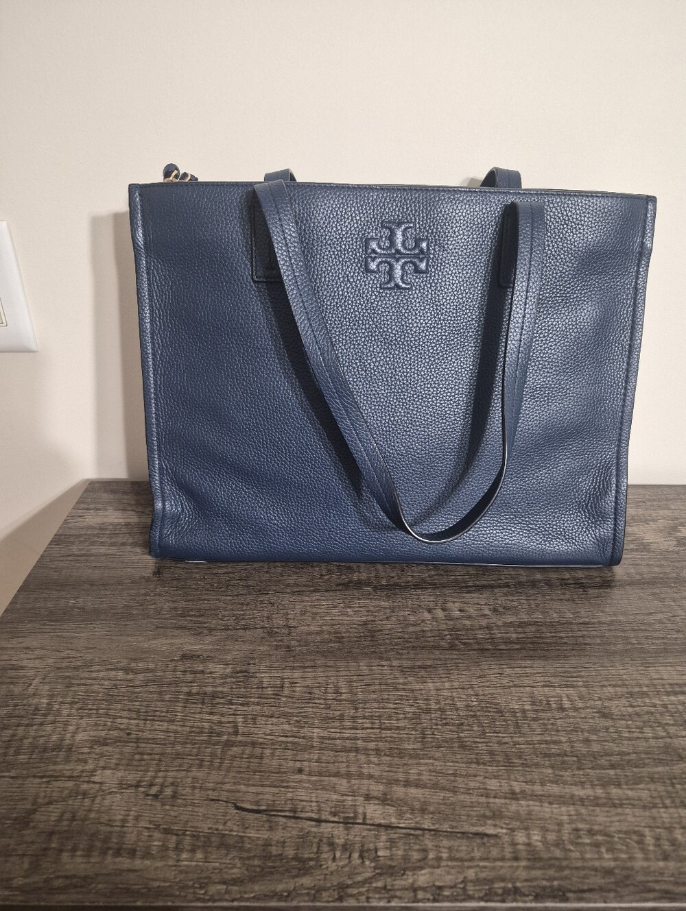 Large Navy Blue Leather Tory Burch Double Zip Tote